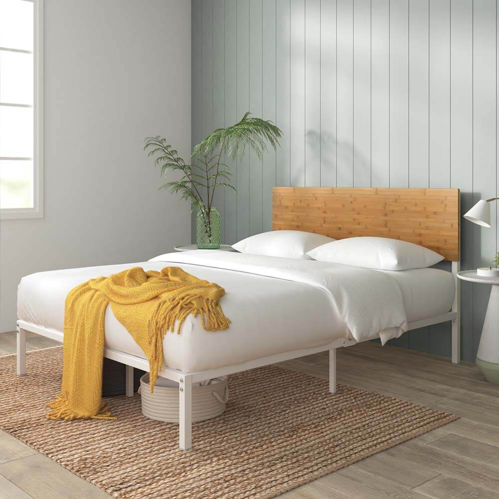 Figari Metal and Bamboo White Bed Frame Double