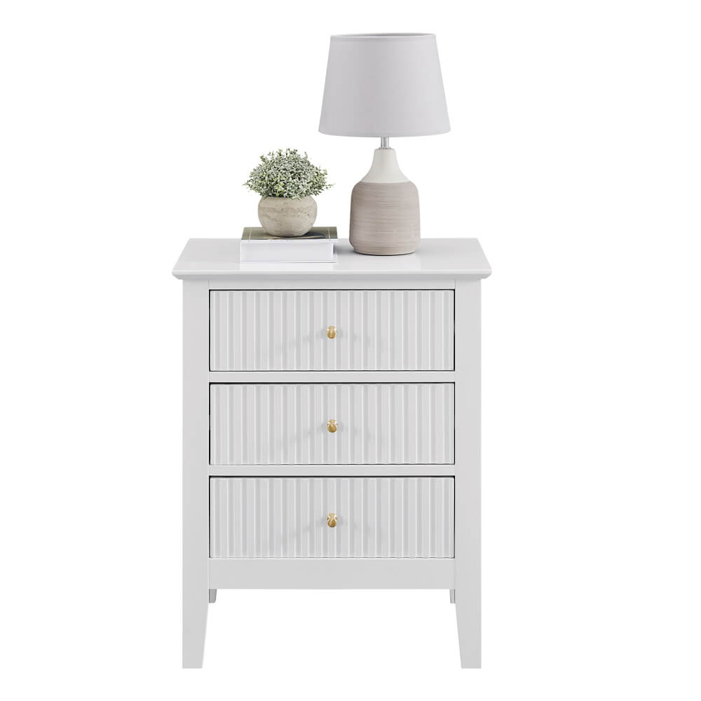 Zara Fluted 3 Drawer White Side Table